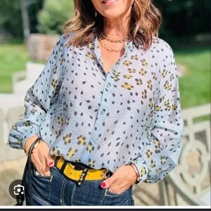 CAbi Hunter Blouse Blue Animal Print